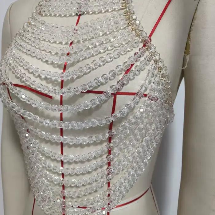 Gilet transparent multicouche à la main perles soutien-gorge chaîne culture sexy boîte de nuit danse costume gilet poitrine corps bijoux femmes printemps été