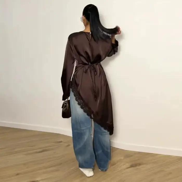 Chemisier à ourlet en dentelle tombant, respirant, à manches longues, coupe irrégulière, confortable, simple, style chemise longue, pour le quotidien et les sorties printemps été
