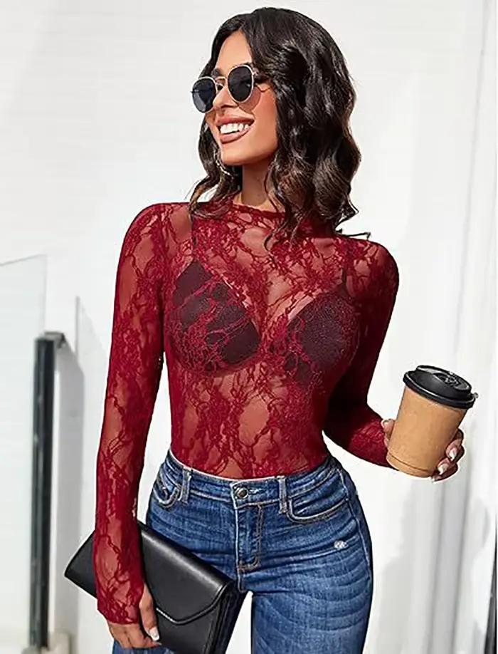 Haut en dentelle à manches longues pour femmes, col d'entreprise, chemise transparente, Perspective fleur, nouvelle collection 2024