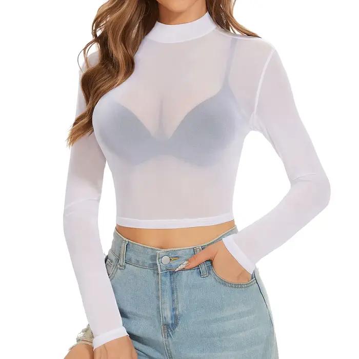 Grande taille S-5XL Sexy femmes T-Shirt voir à travers des hauts en maille transparente à manches longues pure mince