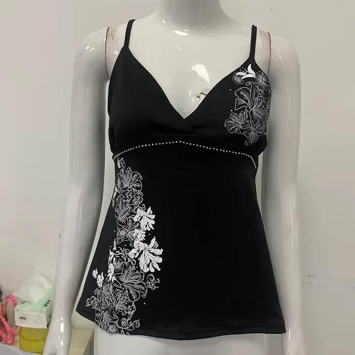 Camisole esthétique vintage à imprimé floral avec strass décoratifs