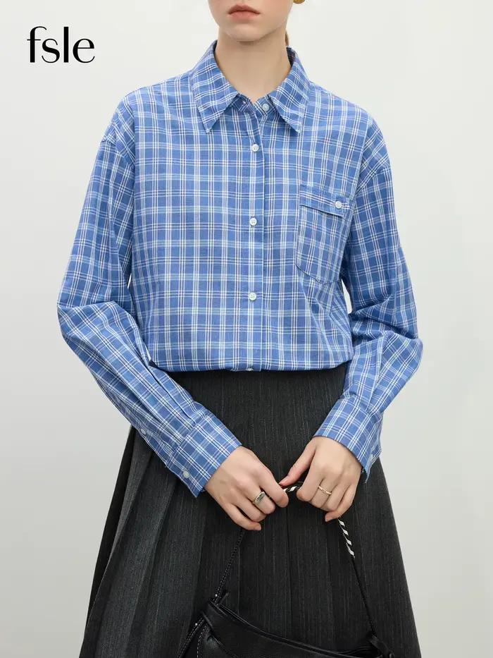 Chemise à carreaux bleue à manches longues pour femme