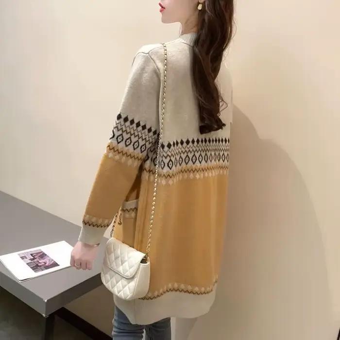 Pull tricoté graphique femme Long nouveau en tricots haut au Crochet porter au travail coréen Streetwear bureau Cardigan ample pour les femmes