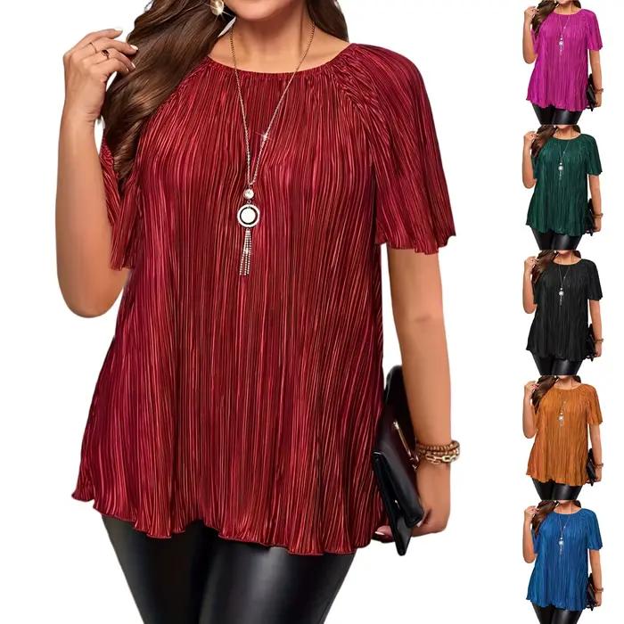 Grande taille T-Shirts pour femmes couleur unie col rond manches courtes ample