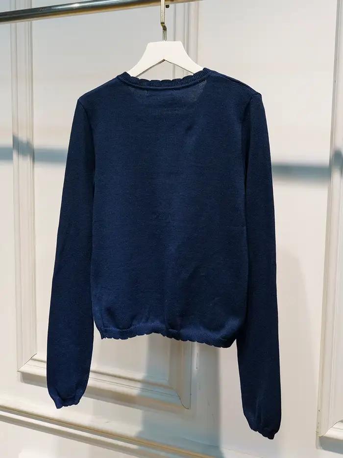 Bleu marine poche tricot pull manteau femmes automne dentelle garniture cou bouton décontracté solide