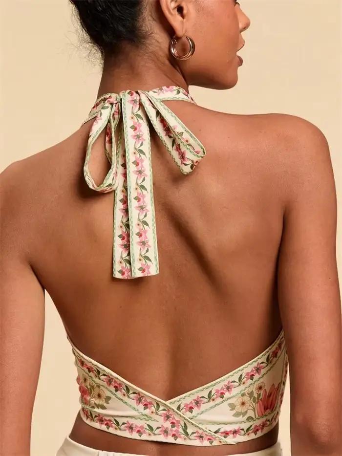 Haut court col licou pour femmes imprimé floral sexy nœud devant débardeurs vêtements été style bohème occasions spéciales junior