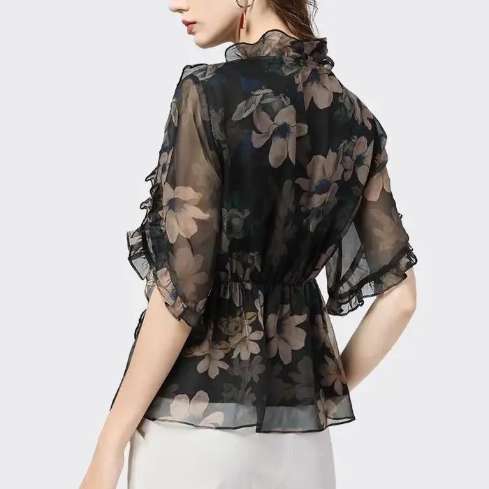 Chemise en mousseline de soie florale pour femmes au printemps et en automne 2025