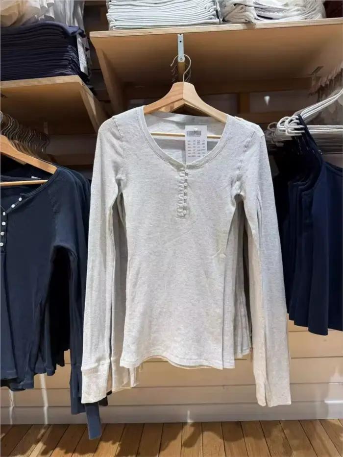 Gris gaufre 7 boutons à manches longues T-shirts femmes automne coton