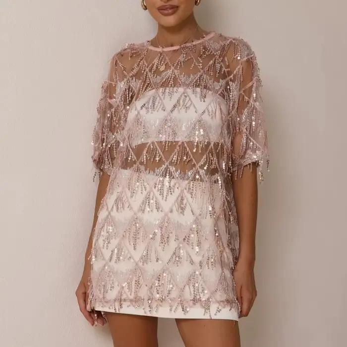 Tunique en maille transparente à paillettes et franges pour femmes style Y2K broderie pampilles scintillantes soirée club streetwear été