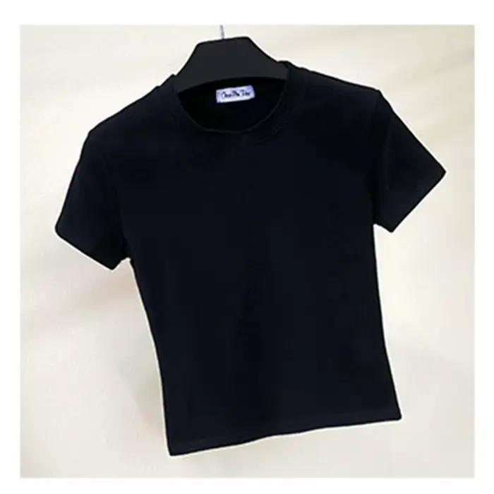 Vert haut court T-Shirt Femme solide coton col rond manches courtes T-shirts pour femmes taille haute mince