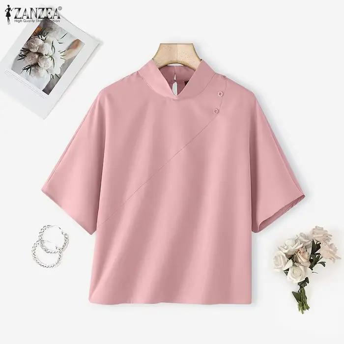 ZANZEA femmes mode Blouse été tunique hauts décontracté solide chemises 2026 élégant bureau dame col montant ample élégant Blusas