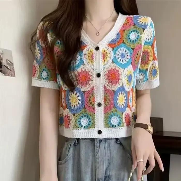 Haut boutonné au crochet transparent à manches courtes pour femmes, style bohème vintage Fairycore, occassions spéciales