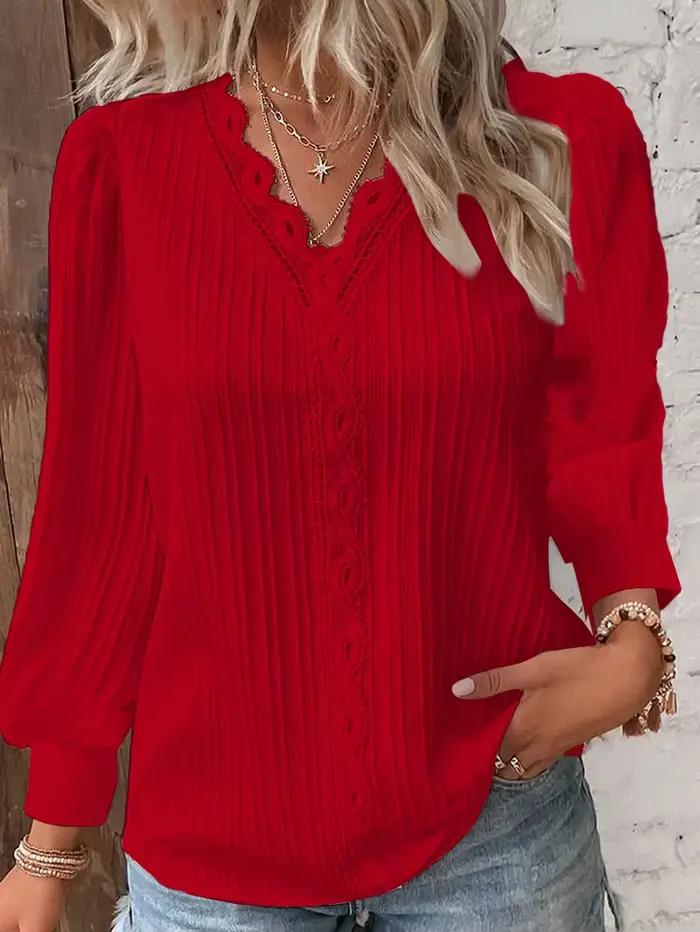Chemise en mousseline de soie à col en V élégante avec coutures en dentelle pour femmes, disponibles en plusieurs tailles et couleurs, idéales pour les occasions spéciales et le quotidien
