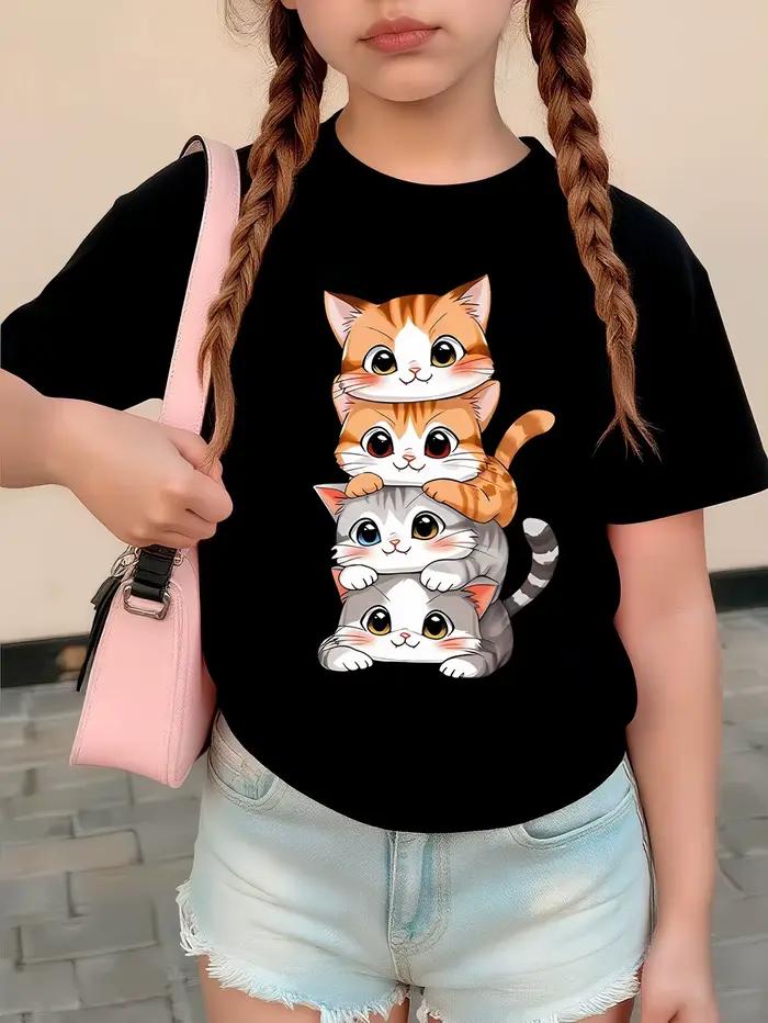 T-shirt en coton pour filles avec motif chaton superposé