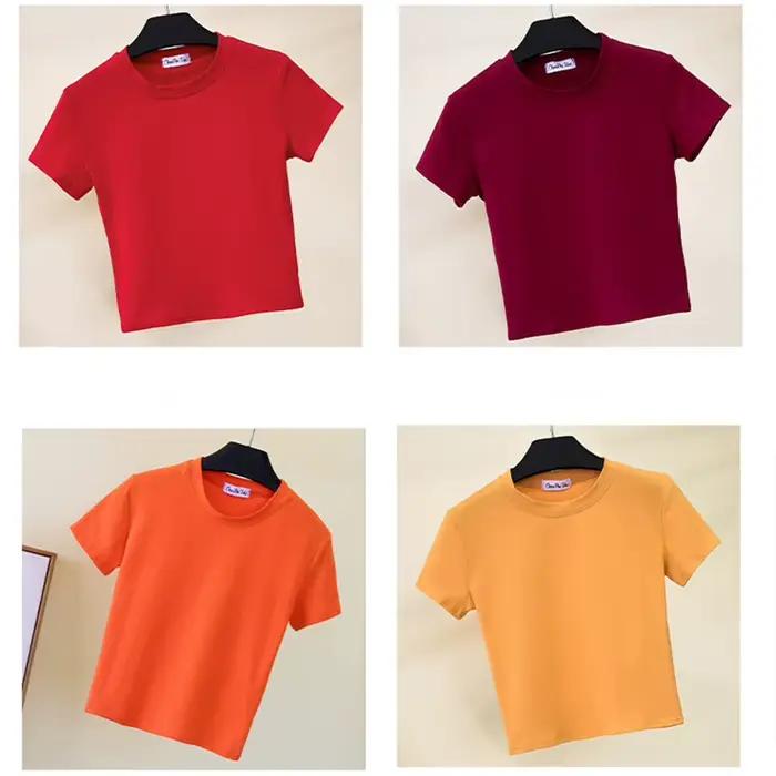 Vert haut court T-Shirt Femme solide coton col rond manches courtes T-shirts pour femmes taille haute mince
