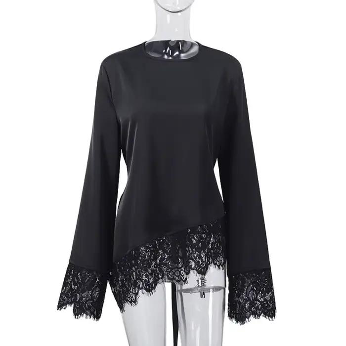 Haut asymétrique à ceinture avec empiècements en dentelle couleur unie pour femme manches longues évasées ourlet irrégulier haut à lacets occassions spéciales sortie soirée élégance décontractée