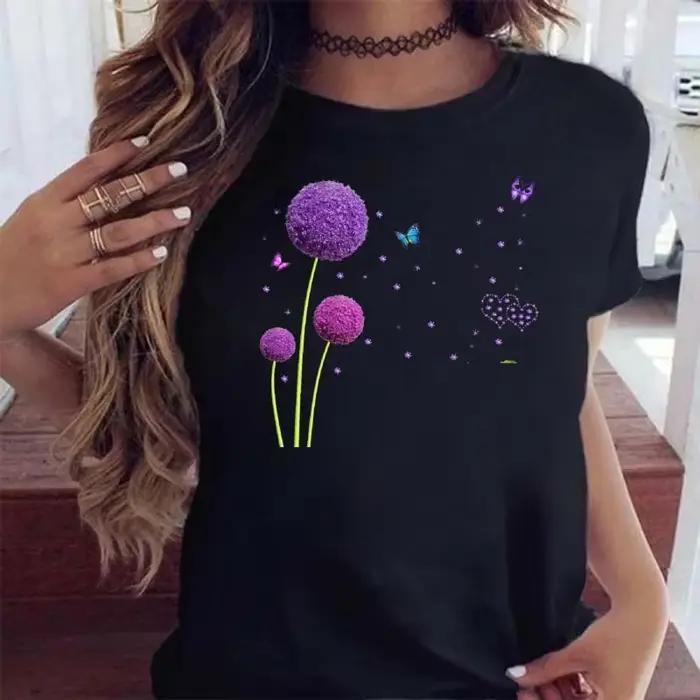 T-shirt à manches courtes pour femme avec imprimé graphique de pissenlit