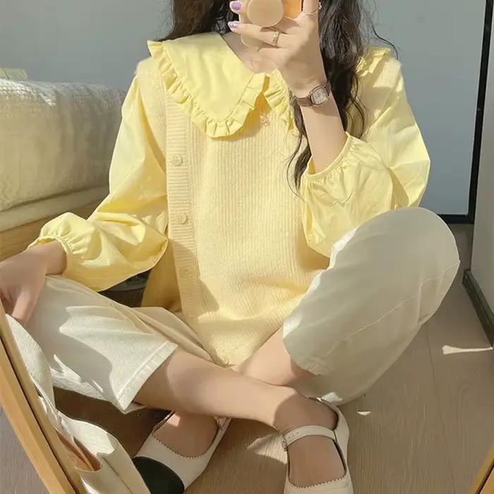 Chemise à volants de style français doux pour femmes, printemps-été 2026, manches bouffantes, chemise à boutons, jaune clair, col Peter Pan