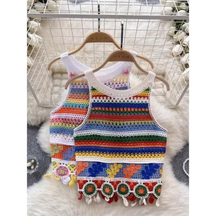 Débardeur bohème tricoté Dancing JL Ants design rétro crochet coloré pour femmes occasions spéciales vacances fantaisie