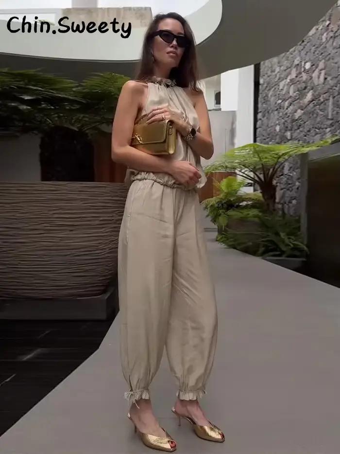 Ensemble élégant pour femme : haut plissé perlé sans manches à col semi-montant et pantalon ample coupe lanterne – Collection été 2026 – Tenue décontractée pour le bureau