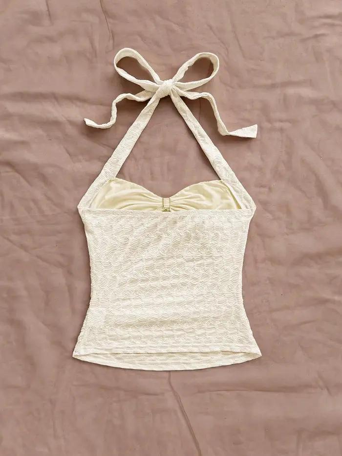 Haut court en tricot texturé blanc cassé pour femme