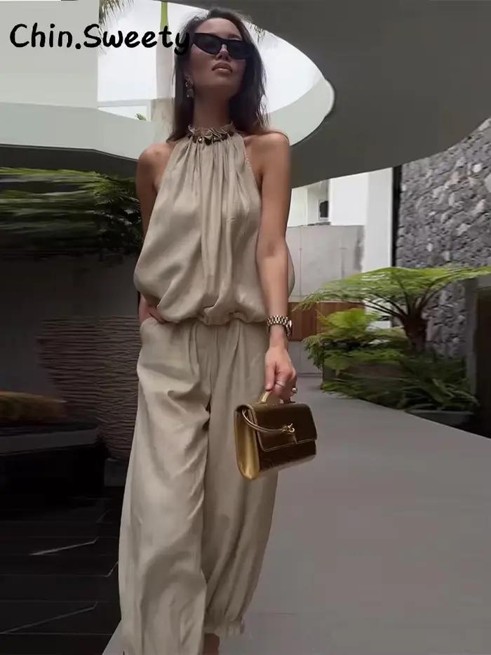 Ensemble élégant pour femme : haut plissé perlé sans manches à col semi-montant et pantalon ample coupe lanterne – Collection été 2026 – Tenue décontractée pour le bureau