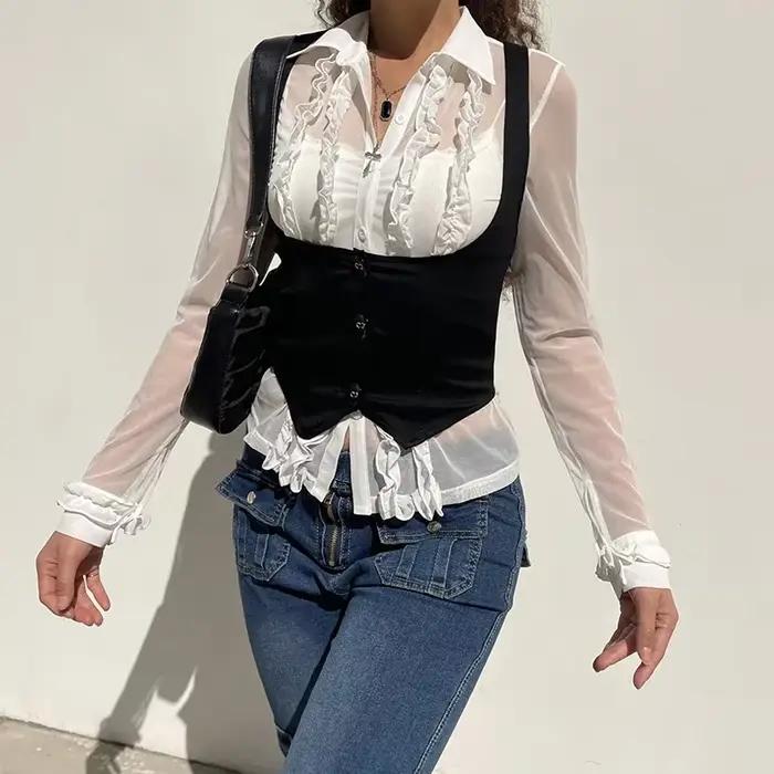 Haut corset croisé noir Vintage Academia pour femme