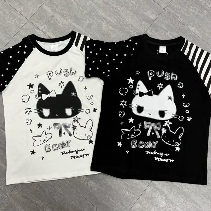 T-shirt à manches courtes imprimé chat mignon style japonais pour femme