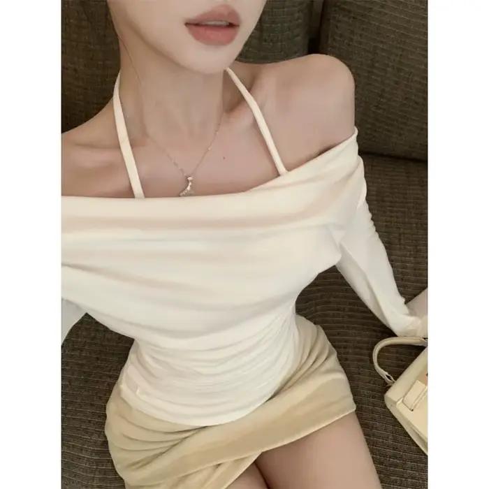 Faux T-shirt deux pièces plissé à manches longues et col licou pour femmes