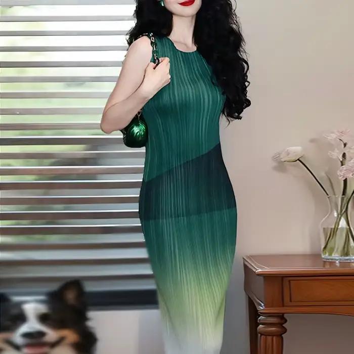 LANMREM vert dégradé plissé robe d'été pour les femmes de haute qualité français Chic sans manches mi-longue robes droites 2DB3847