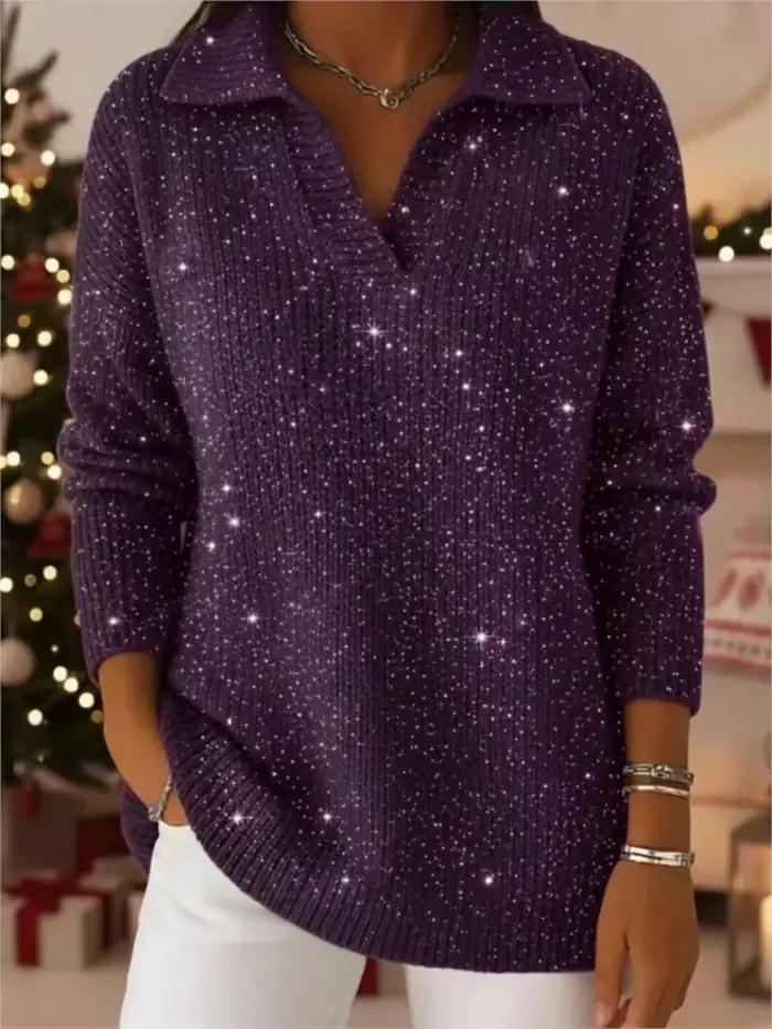 Mode paillettes pull dame décontracté tricot à manches longues col en V