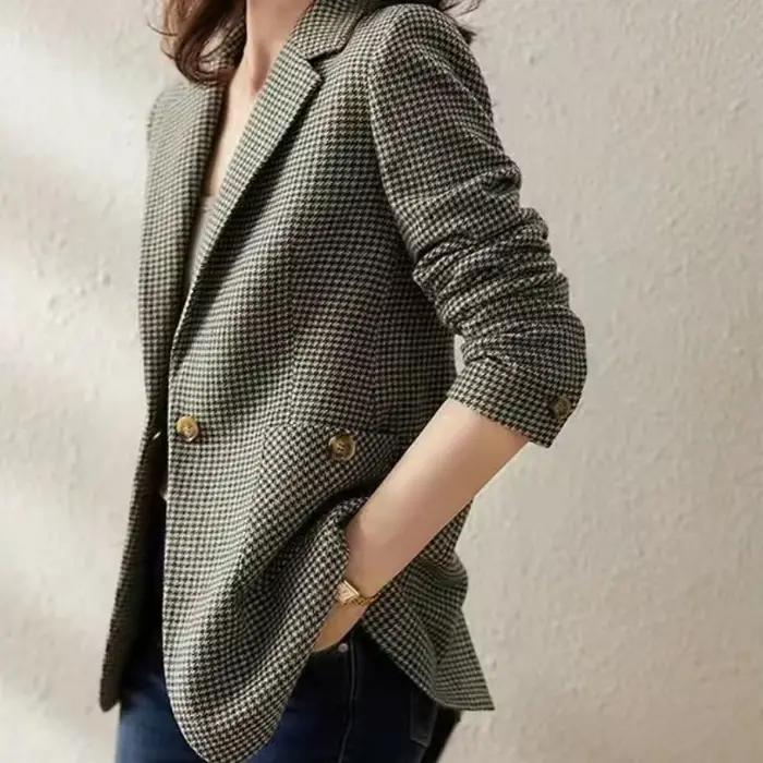 Veste à carreaux verte pour femme, vêtement d'extérieur simple, automne-hiver, style décontracté, matériau coton-polyester-élasthanne, idéal pour les occasions quotidiennes et les événements familiaux