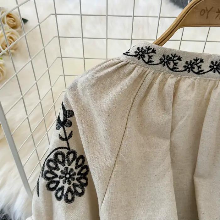 Boho été Blusas De Mujer à lacets col rond manches bouffantes broderie florale femme