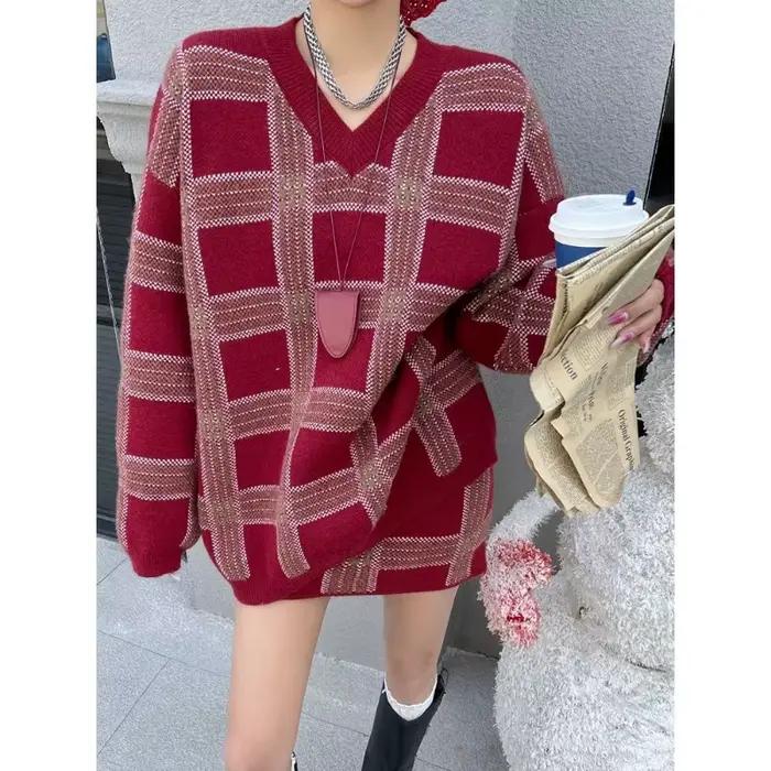Ensemble pull à carreaux haut de gamme pour femmes