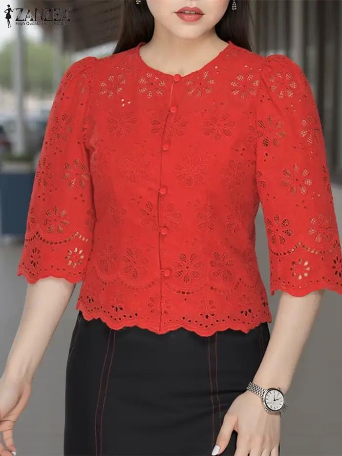 Chemise ZANZEA en coton brodée florale à manches trois quarts pour femmes élégantes et décontractées occasions spéciales