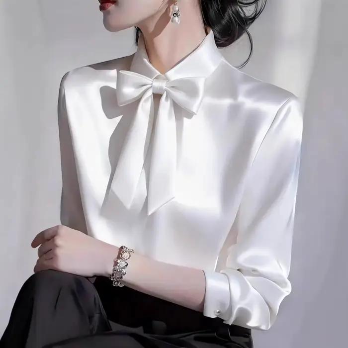 Chemise en satin à manches longues pour femme avec col à nœud papillon