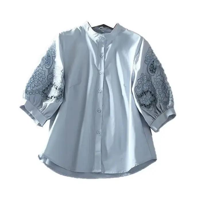 Chemisier femme 2025 printemps été creux lourd broderie dames hauts col montant tempérament dame lâche lanterne manches chemise