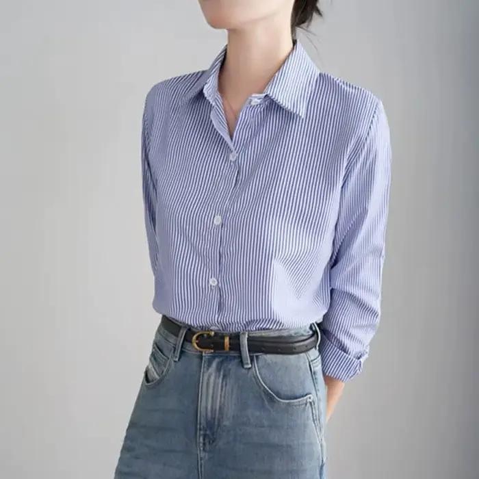 Chemise ample à rayures bleues pour femmes, décontractée, col polo, polyester, pour bureau et tenues casual, toutes saisons