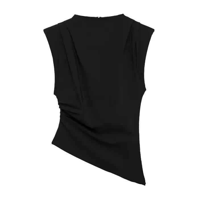 MUJER débardeur asymétrique femme froncé hauts sans manche pour femmes col haut