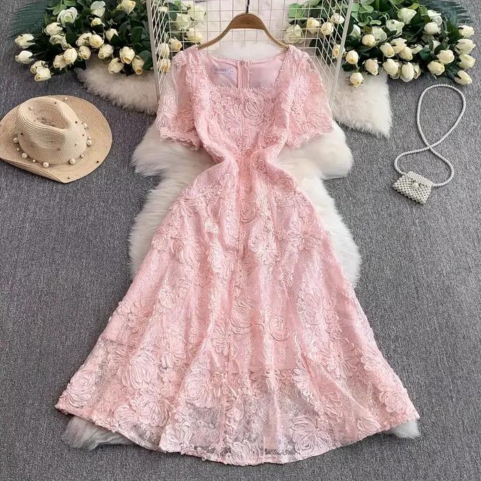 Luxe femmes été broderie dentelle perles col carré à manches courtes mode élégant décontracté fête vacances robes
