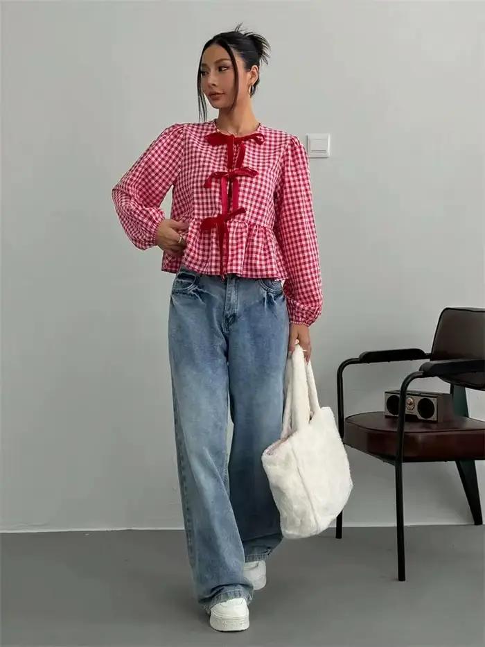 Chemisier lanterne à carreaux polyester et élasthanne pour filles junior style doux col rond printemps automne mousseline ajustement lâche