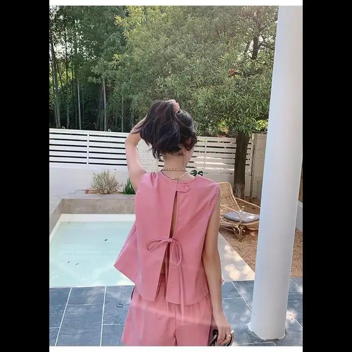 Ensemble décontracté 2 pièces pour femme : débardeur sans manches et short large rose uni