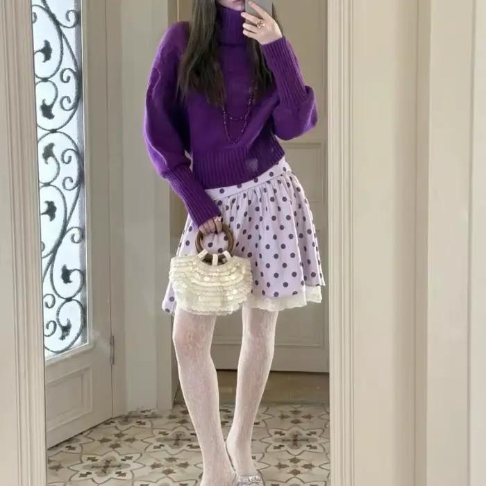 Pull à col roulé violet polyester pour femme mode rétro classique automne hiver polyvalent à offrir