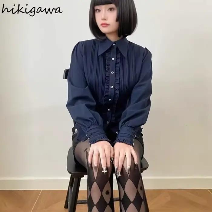 Blouse HIKIGAWA en coton et polyester avec volants, élégante et mince, pour femmes, occasions estivales et romantiques
