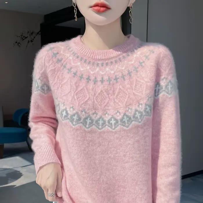 Pull en laine mérinos de luxe pour femmes, col rond, broderie élégante, coupe moderne et décontractée pour automne et hiver