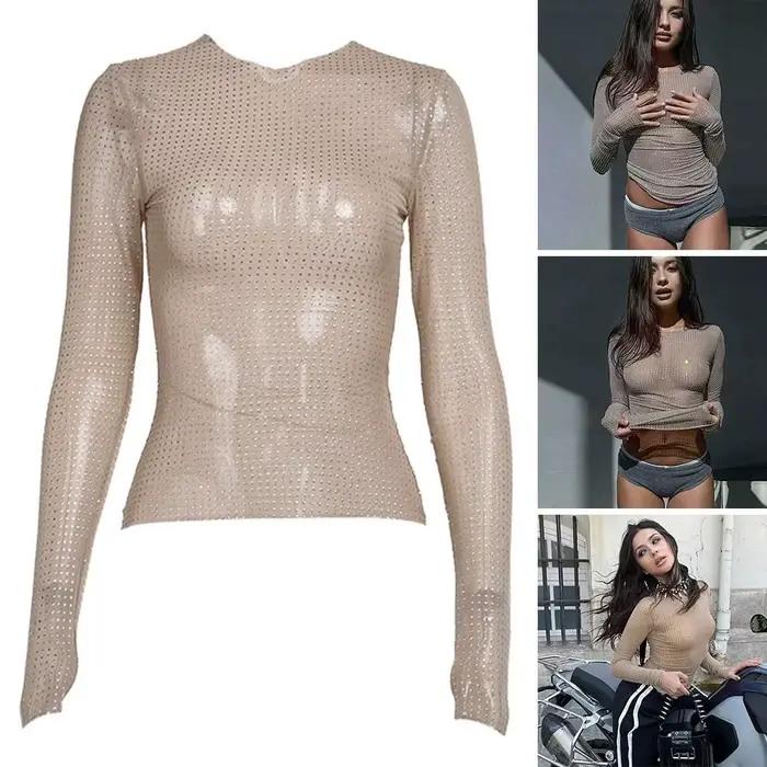 Haut à manches longues patchwork transparent avec strass pour femmes occasions spéciales automne étés