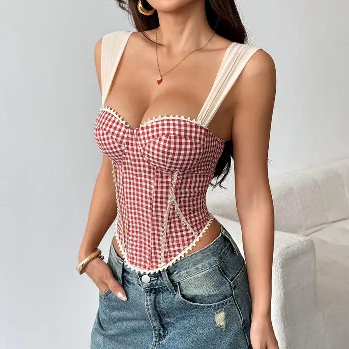 Haut bustier court ajusté pour femme en gingham