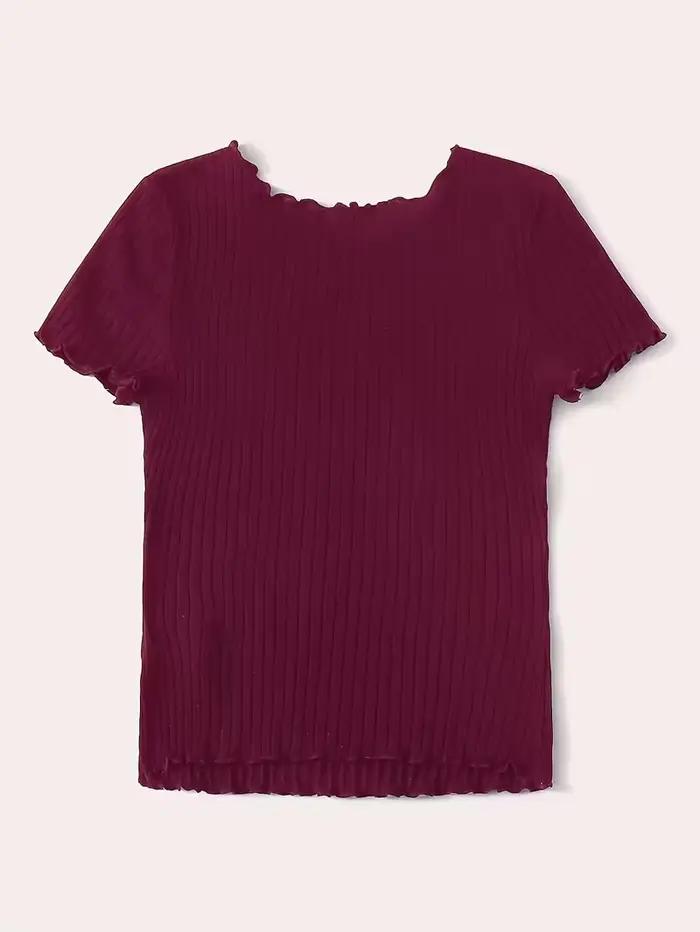 T-shirt côtelé bordeaux uni à manches courtes pour femme, col rond à bord ondulé, coupe ajustée, décontracté, basique, en maille, pour l'été, style classique, occassions spéciales