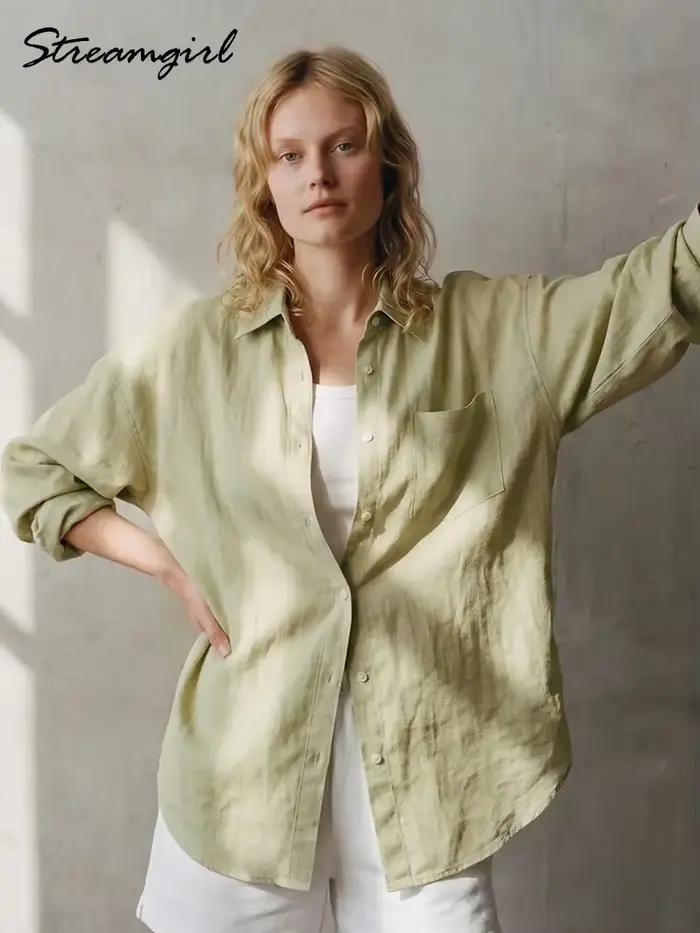 Chemise en lin bleue boutonnée pour femme – Hauts amples de luxe à manches longues pour l'été – Chemises en lin blanc