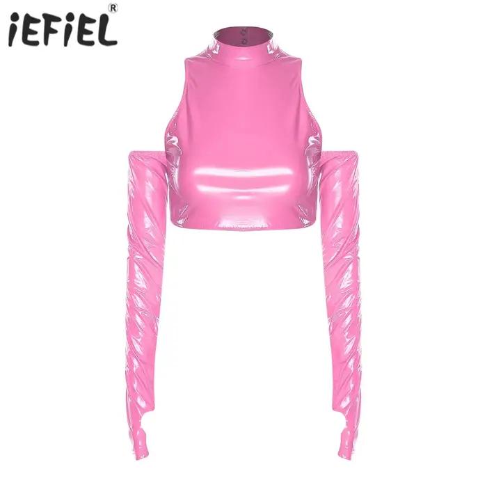 Femmes adulte évider pull haut brillant PU